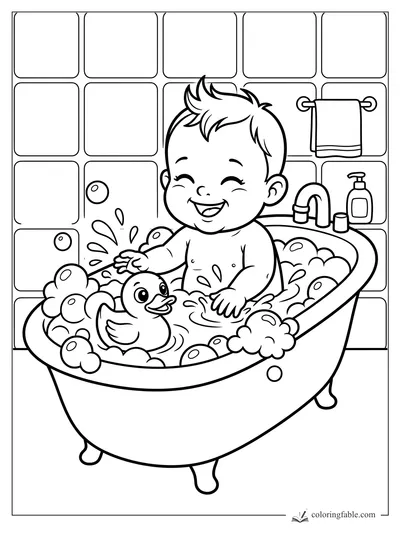 Smiling cartoon baby in a bubbly bathtub with a rubber duck, faucet, towel, and tiled bathroom wall