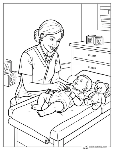 Nurse uses a stethoscope on a smiling baby beside a teddy bear and alphabet blocks in a clinic room.