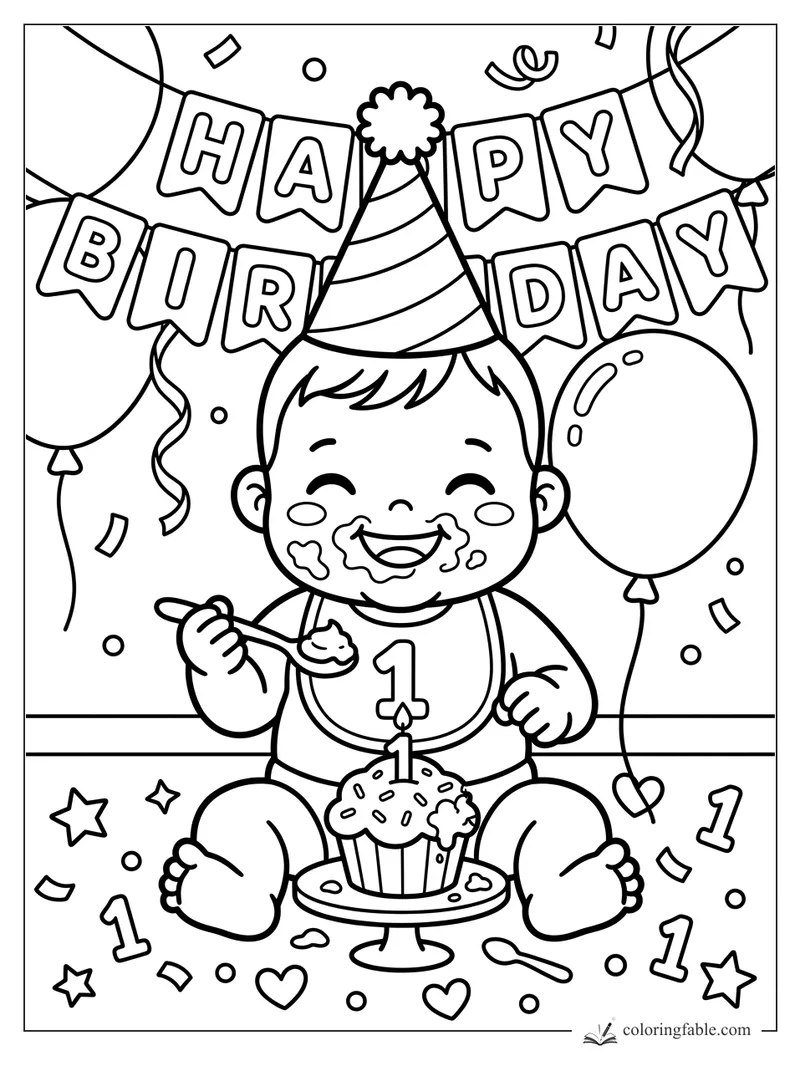 Kawaii baby in party hat eating cake at a first birthday party with balloons and Happy Birthday banner