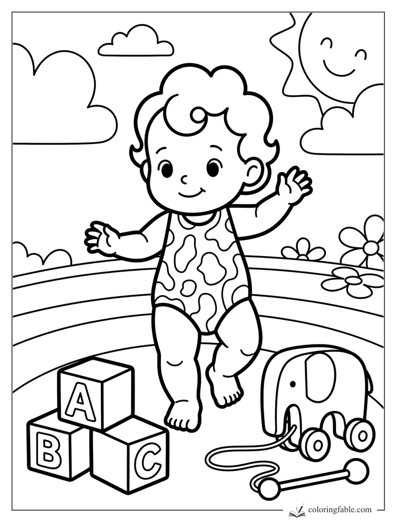 Smiling baby in a patterned romper waving in a sunny yard with ABC blocks, pull elephant toy, flowers, and clouds.