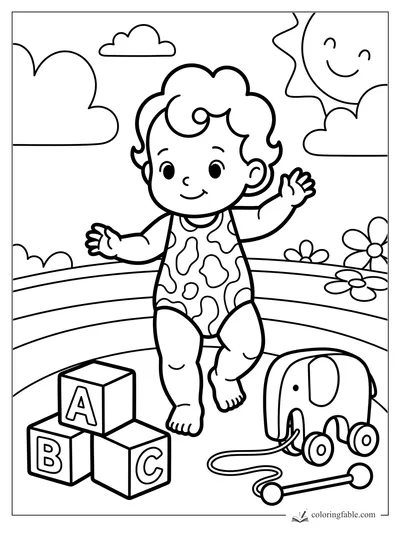 Smiling baby in a patterned romper waving in a sunny yard with ABC blocks, pull elephant toy, flowers, and clouds.
