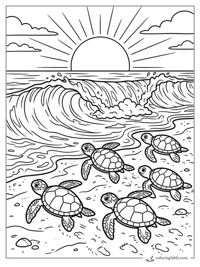 Five baby sea turtles crawl across a sandy beach toward curling waves and a rising sun.