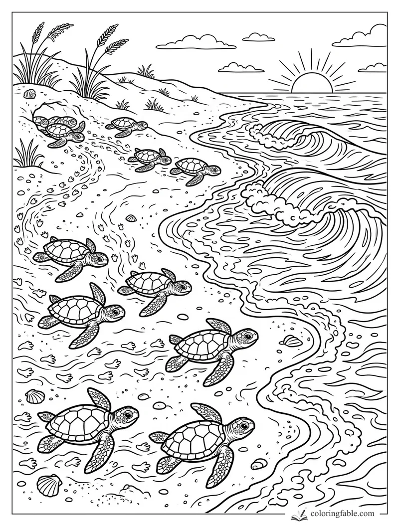 Baby sea turtles crawl from grassy dunes toward foamy sunrise waves on a sandy beach.