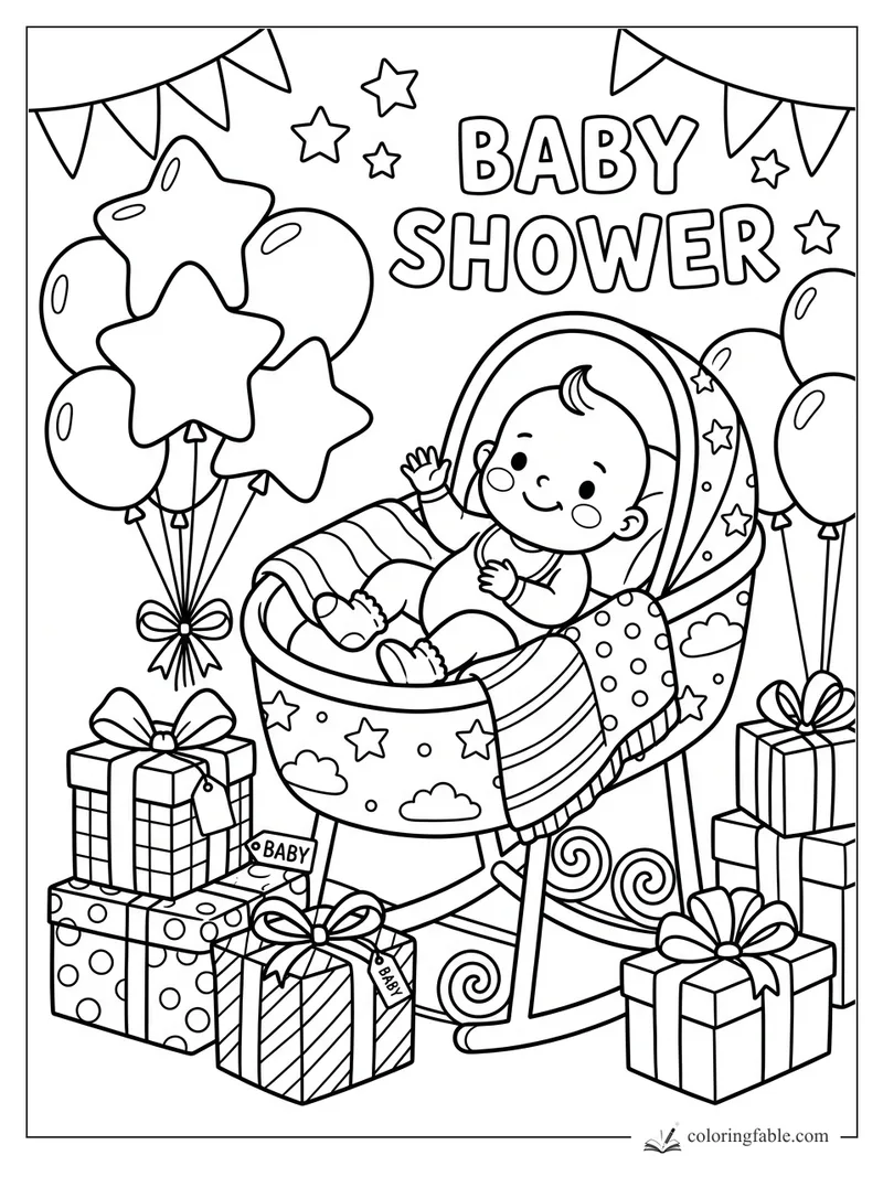 Cartoon baby in rocking cradle at a baby shower with balloons, bunting, stars, and wrapped gifts