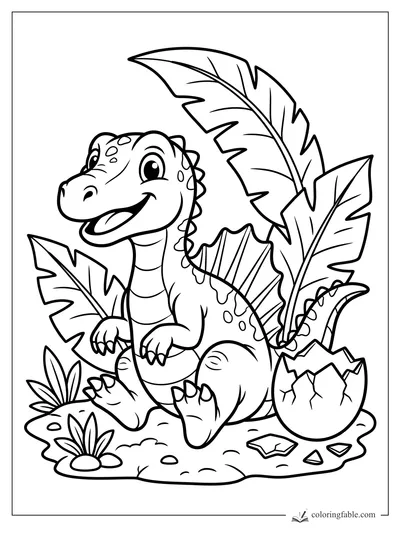 Cartoon baby spinosaurus smiling beside a cracked egg and tall jungle leaves