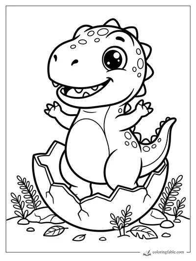 Kawaii baby T. rex smiling as it hatches from a cracked egg among ferns and leaves.