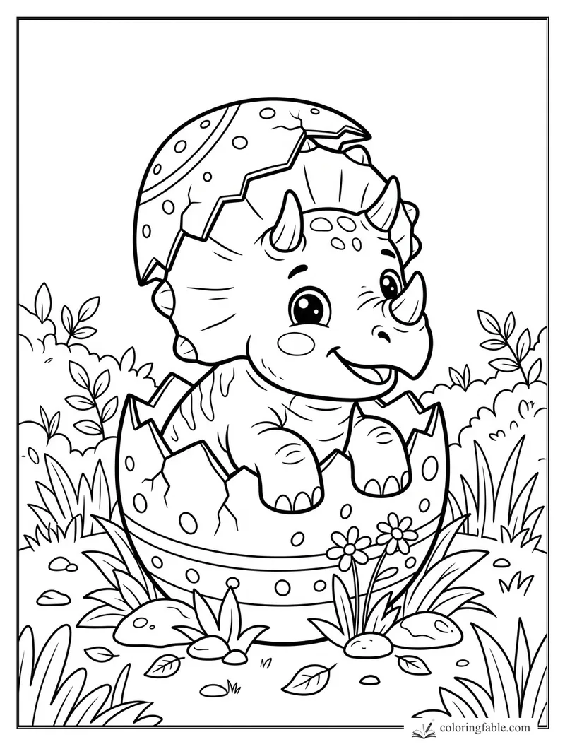 Cartoon baby triceratops smiling inside a cracked spotted egg among ferns, flowers, rocks, and leaves.