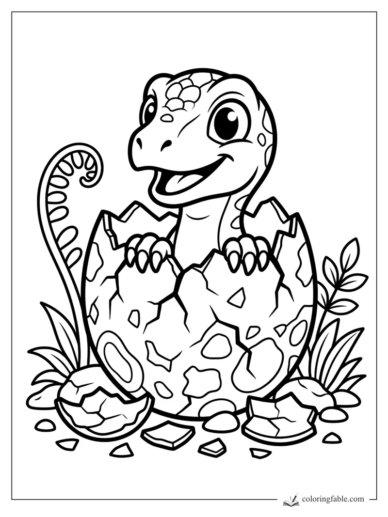 Cute baby velociraptor hatching from a cracked spotted egg among leaves and shell pieces