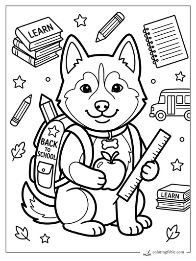 Smiling husky with backpack, apple, ruler, books, pencils, notebook, stars, leaves, and school bus.