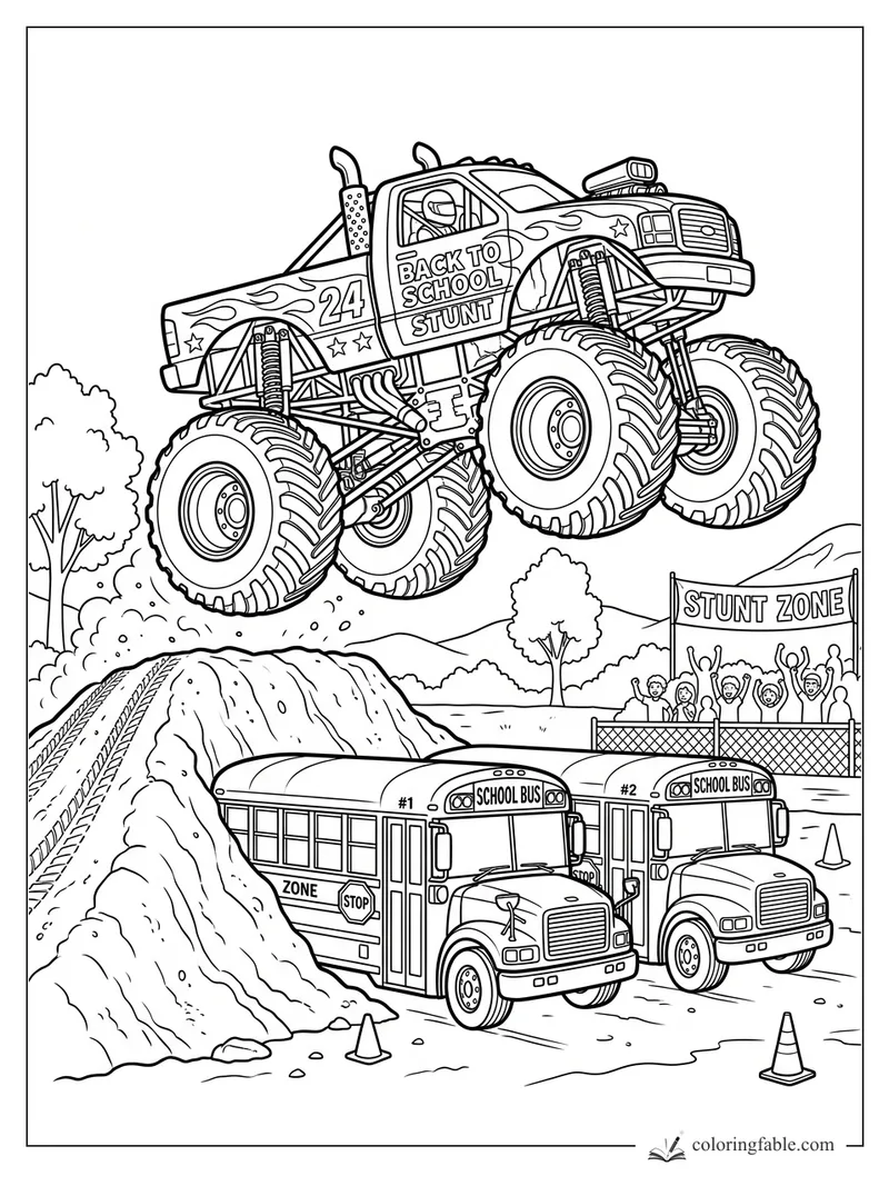 Monster truck jumping over two school buses at a stunt zone with cheering kids