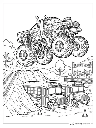 Monster truck jumping over two school buses at a stunt zone with cheering kids