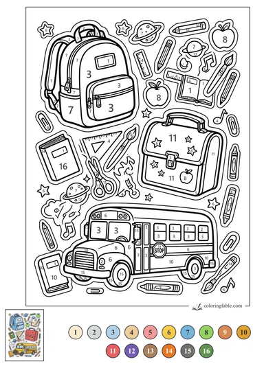 Backpack, Bus, and School Supply Stickers — color by number