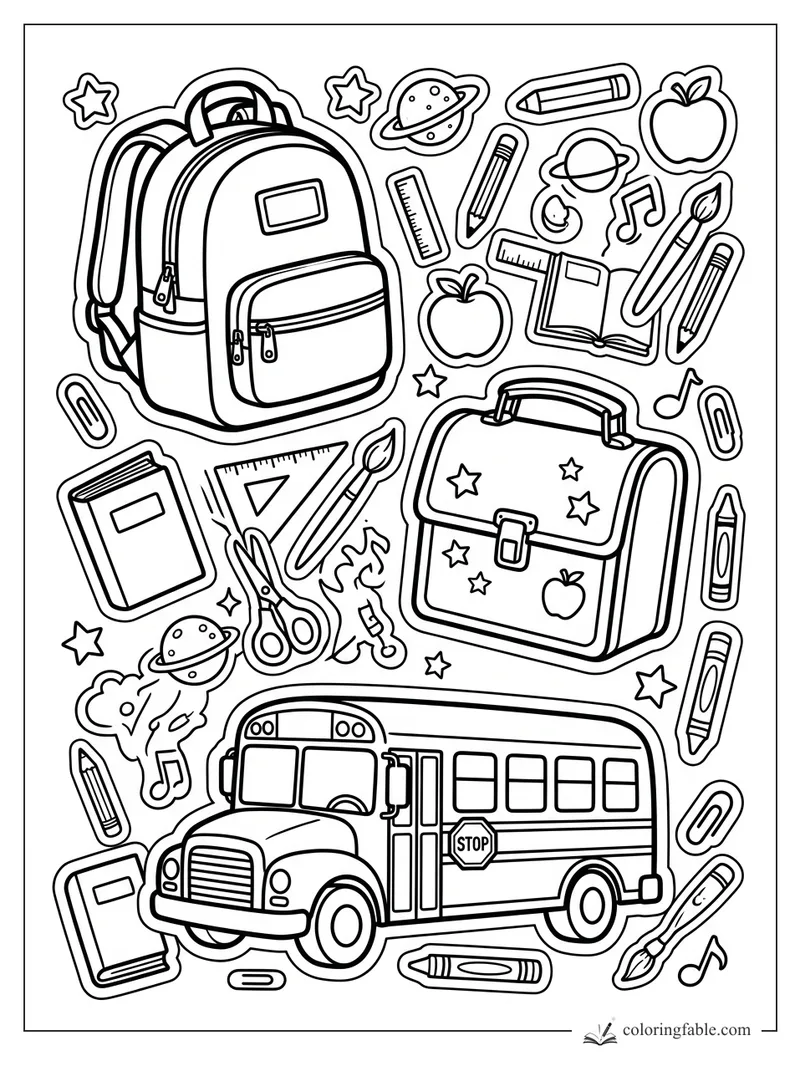 Back-to-school sticker coloring page with backpack, lunchbox, school bus, books, pencils, stars, and planets.