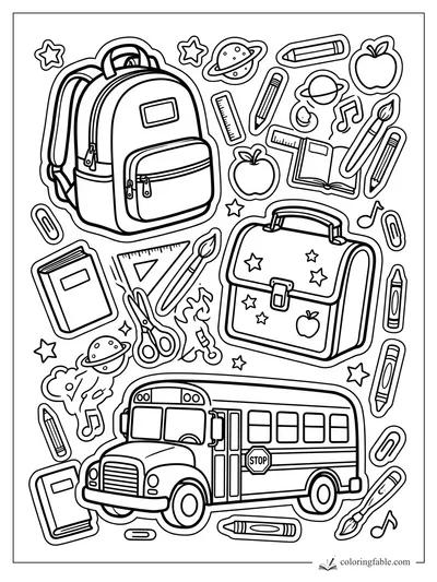 Back-to-school sticker coloring page with backpack, lunchbox, school bus, books, pencils, stars, and planets.