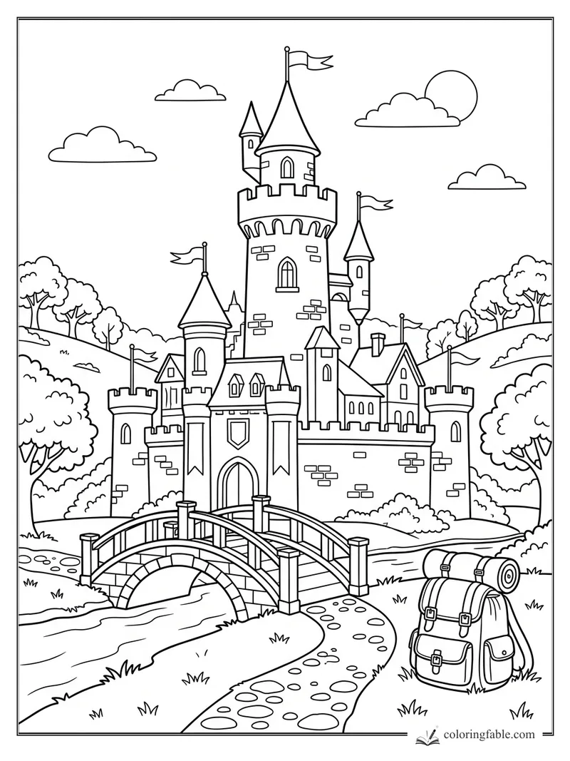 Coloring page of a castle with flags, arched bridge, winding path, stream, trees, sun, clouds, and backpack.