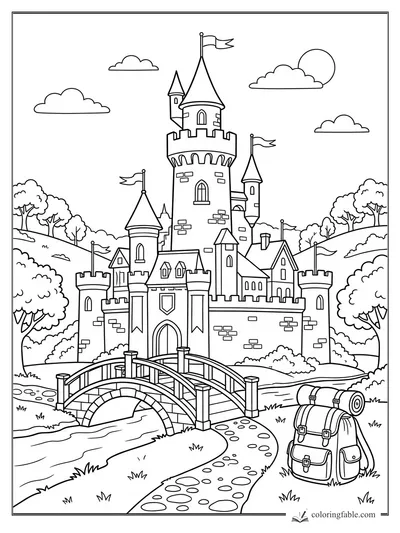 Coloring page of a castle with flags, arched bridge, winding path, stream, trees, sun, clouds, and backpack.