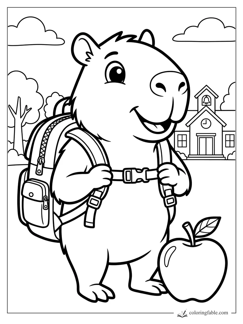 Cartoon capybara with backpack smiling by a schoolhouse and giant apple coloring page