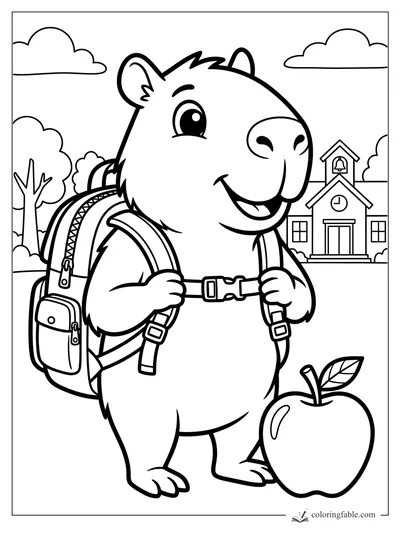 Cartoon capybara with backpack smiling by a schoolhouse and giant apple coloring page