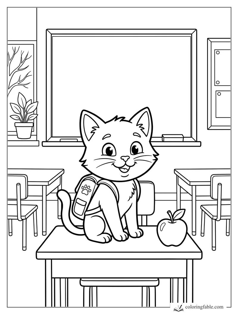 Cartoon cat with backpack sitting on a classroom desk beside an apple and chalkboard.