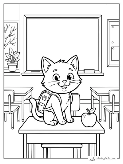 Cartoon cat with backpack sitting on a classroom desk beside an apple and chalkboard.