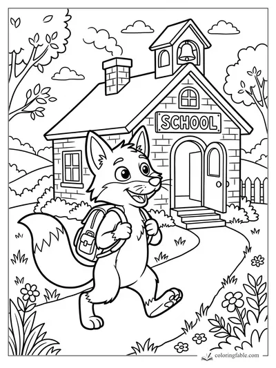 Cartoon fox with backpack walking toward a brick schoolhouse with bell tower and open door.