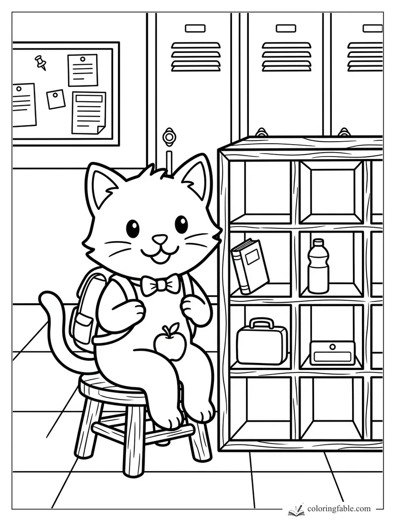 Cartoon kitten with backpack and bow tie sitting by classroom cubbies, lockers, bulletin board, apple, and lunchbox.