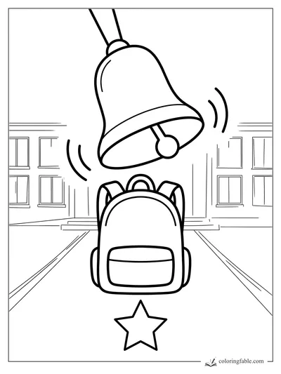Minimalist school coloring page with a backpack, ringing bell, buildings, path, and star on the ground.