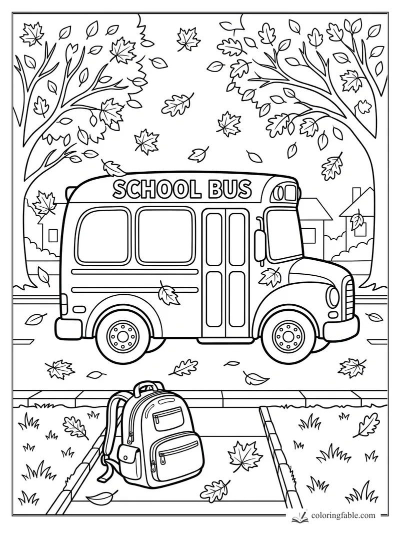 Cartoon school bus at a curb with a backpack, falling autumn leaves, trees, and houses.
