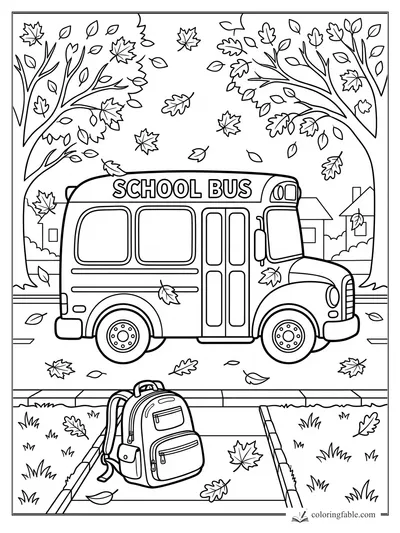 Cartoon school bus at a curb with a backpack, falling autumn leaves, trees, and houses.