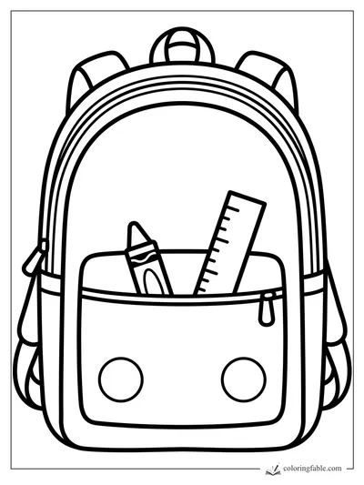 Bold easy coloring page of a school backpack with a crayon, ruler, front pocket, and round buttons.