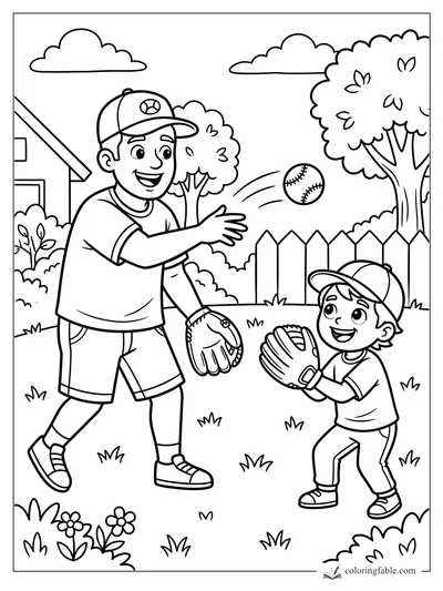 Cartoon adult tossing a baseball to a smiling child with glove in a backyard by a picket fence