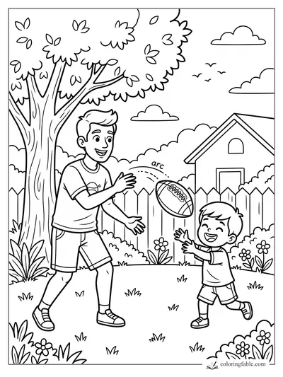 Smiling boy catches a football from an older player in a backyard with tree, fence, flowers, and clouds