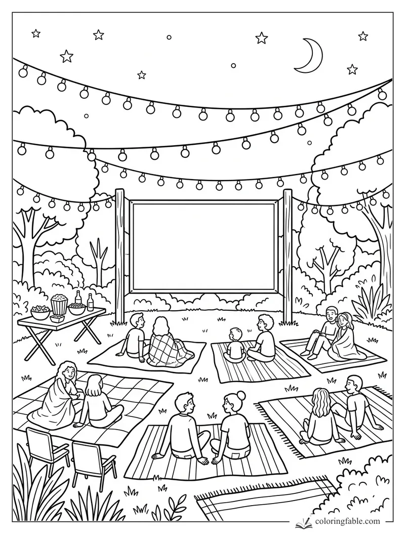 Backyard outdoor movie screen with families on blankets, string lights, trees, stars, and crescent moon.