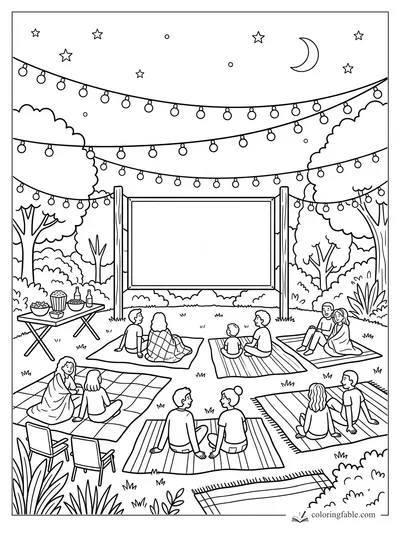 Backyard outdoor movie screen with families on blankets, string lights, trees, stars, and crescent moon.