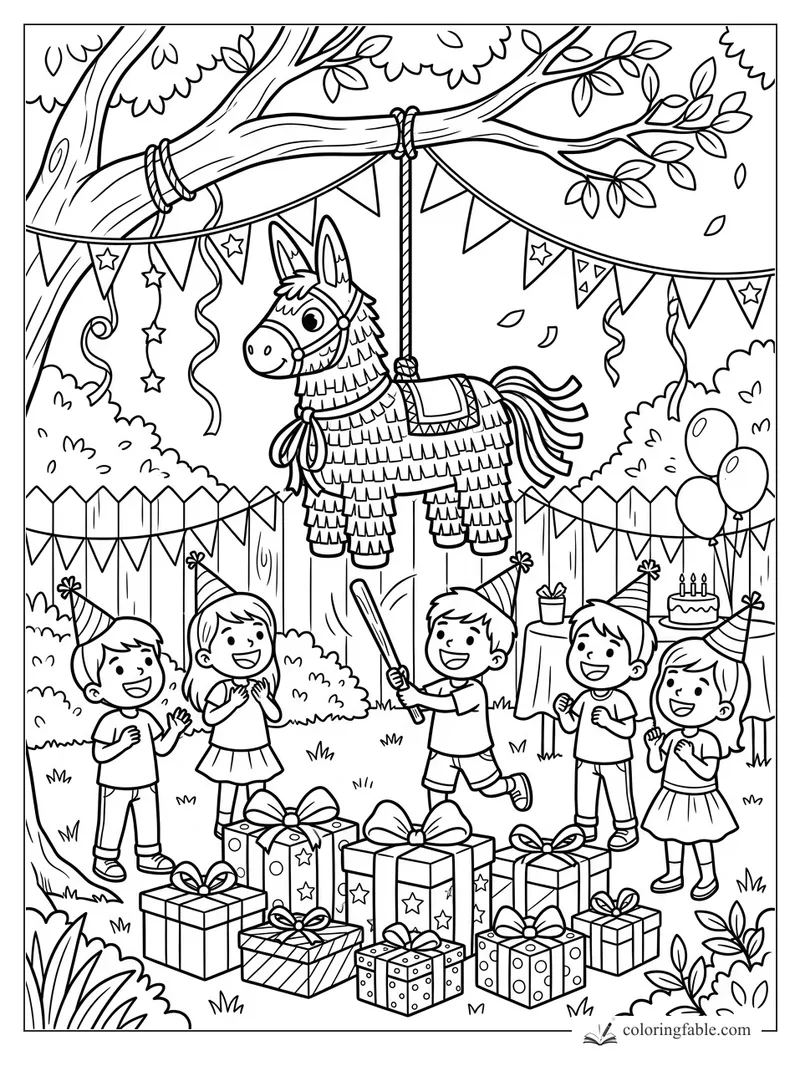 Children in party hats cheer under a tree as a donkey piñata hangs above birthday gifts and balloons.