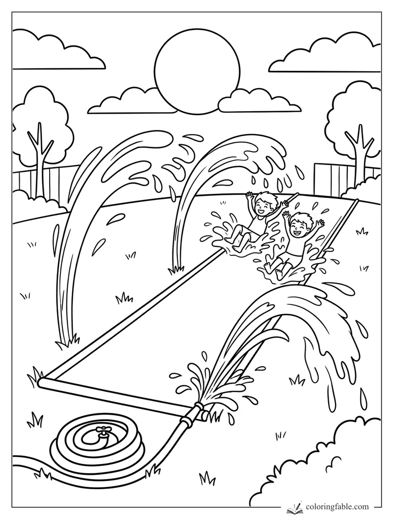 Two children sliding through sprinkler arcs on a backyard slip-and-slide under a big summer sun.