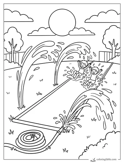 Two children sliding through sprinkler arcs on a backyard slip-and-slide under a big summer sun.