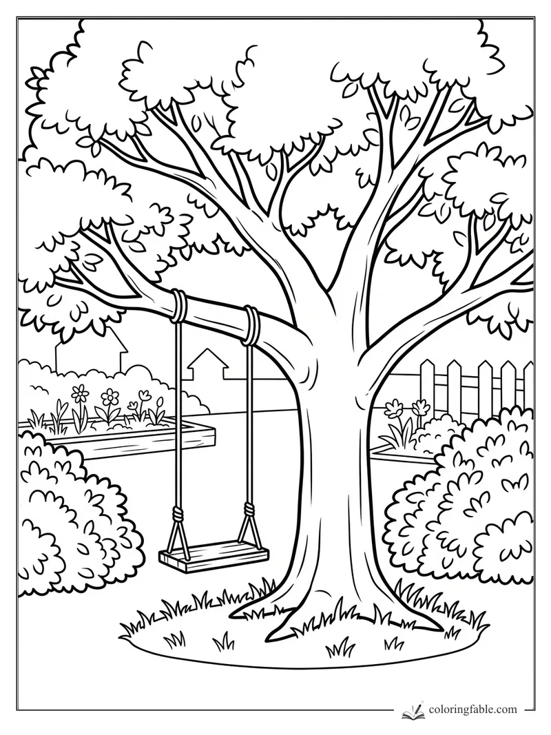 Cartoon backyard tree with a rope swing, leafy branches, flower beds, bushes, and a picket fence.