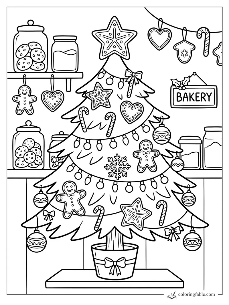Easy Christmas tree coloring page with gingerbread cookies, candy canes, jars, and a bakery sign.