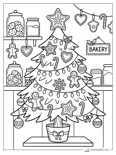 Easy Christmas tree coloring page with gingerbread cookies, candy canes, jars, and a bakery sign.