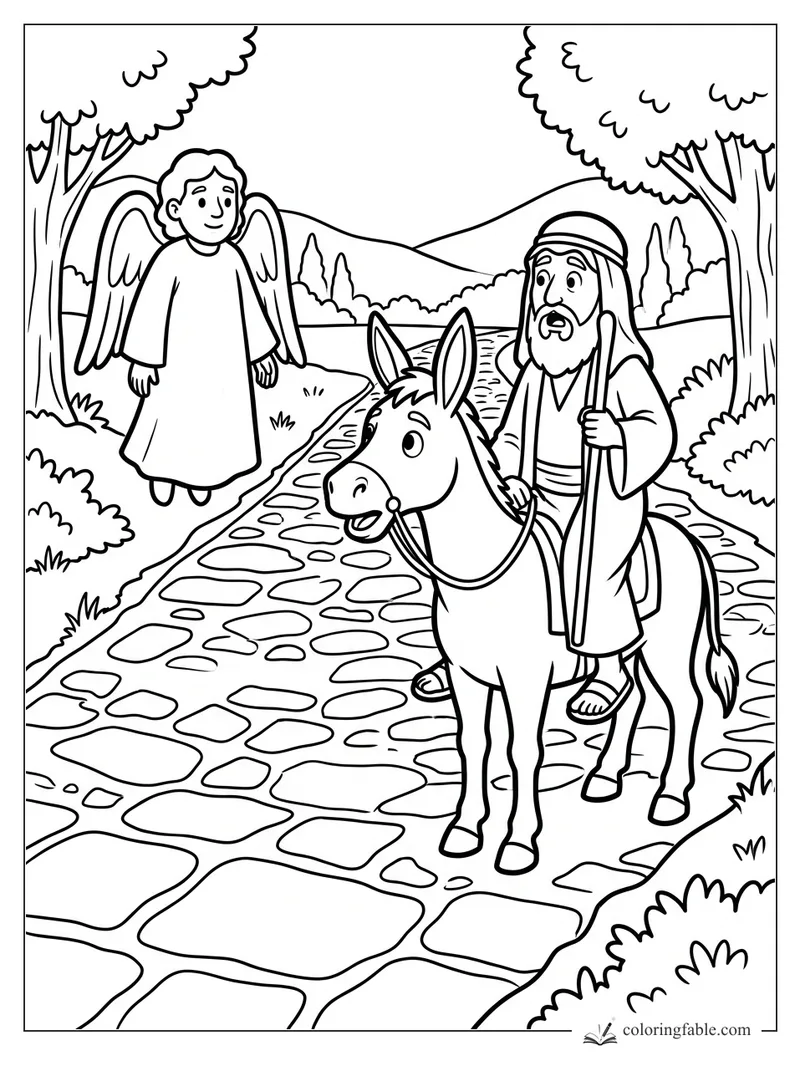 Balaam on a donkey facing an angel with wings on a winding stone road