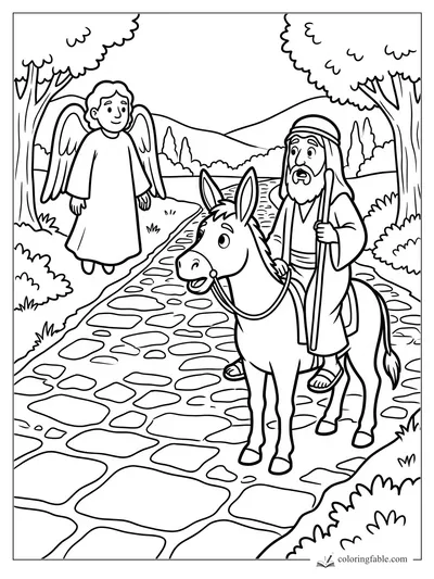 Balaam on a donkey facing an angel with wings on a winding stone road