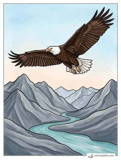 Bald Eagle Soaring Over a Mountain River — colored example