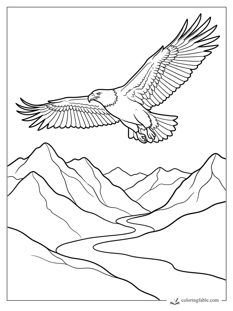 Realistic bald eagle flying above jagged mountains and a winding river coloring page