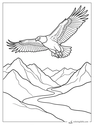 Realistic bald eagle flying above jagged mountains and a winding river coloring page
