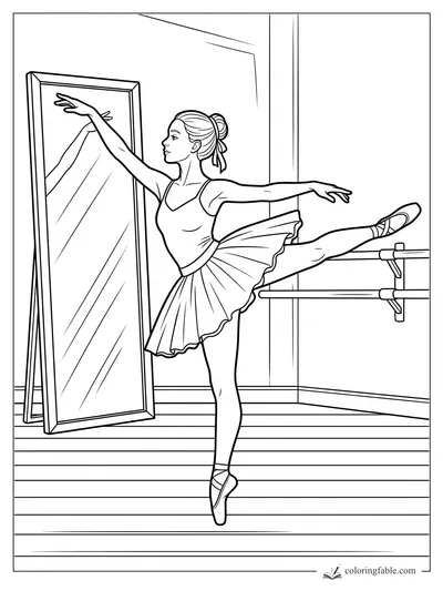 Ballerina in arabesque at the barre beside a tall mirror in a ballet studio coloring page