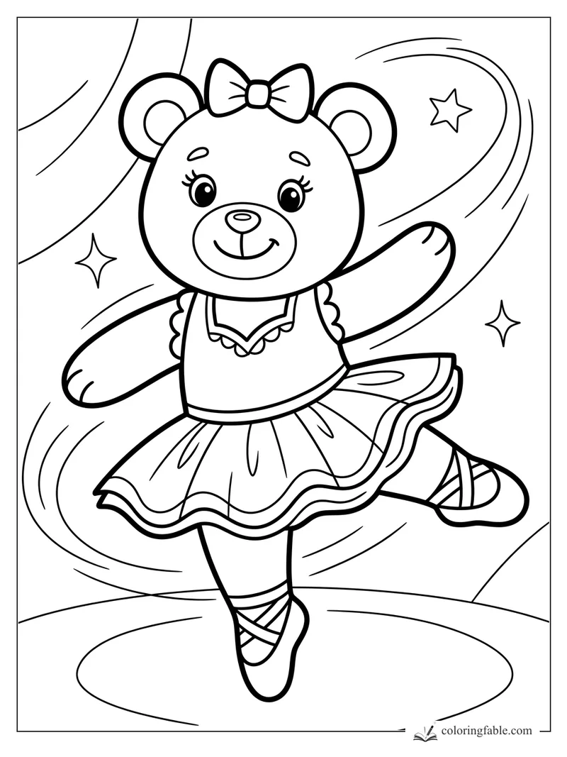 Cartoon ballerina bear in a tutu and bow, balancing on one toe with stars and swirling lines
