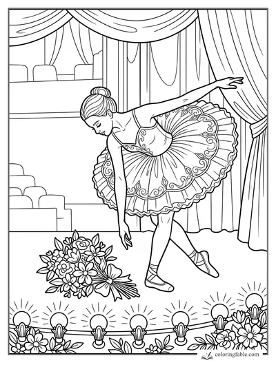 Ballerina in an ornate tutu bows toward a flower bouquet on a curtained theater stage.
