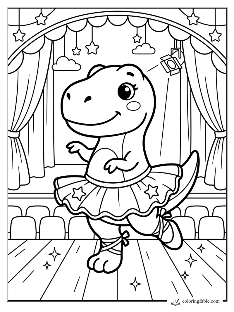 Kawaii dinosaur ballerina in a tutu dancing on a theater stage with curtains, stars, and spotlights