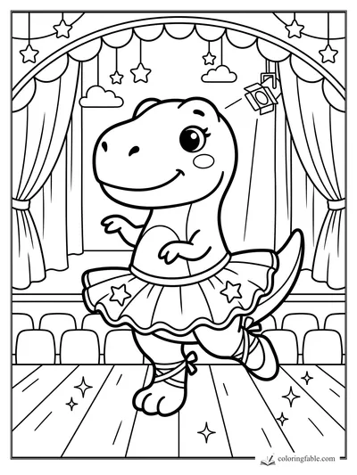 Kawaii dinosaur ballerina in a tutu dancing on a theater stage with curtains, stars, and spotlights